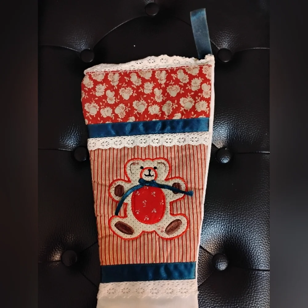 Festive Kids Stocking with Bear Design Embroidery Quilting